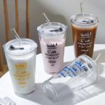 Round Transparent Borosilicate Drinking Glass Cup/Tumbler with lid + Straw 
