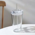 Round Transparent Borosilicate Drinking Glass Cup/Tumbler with lid + Straw  - Image 4