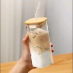 Transparent glass cup with bamboo holed lid - Image 2