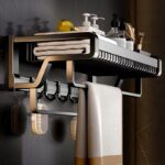 Bathroom wall mounted towel rack accessory with hooks